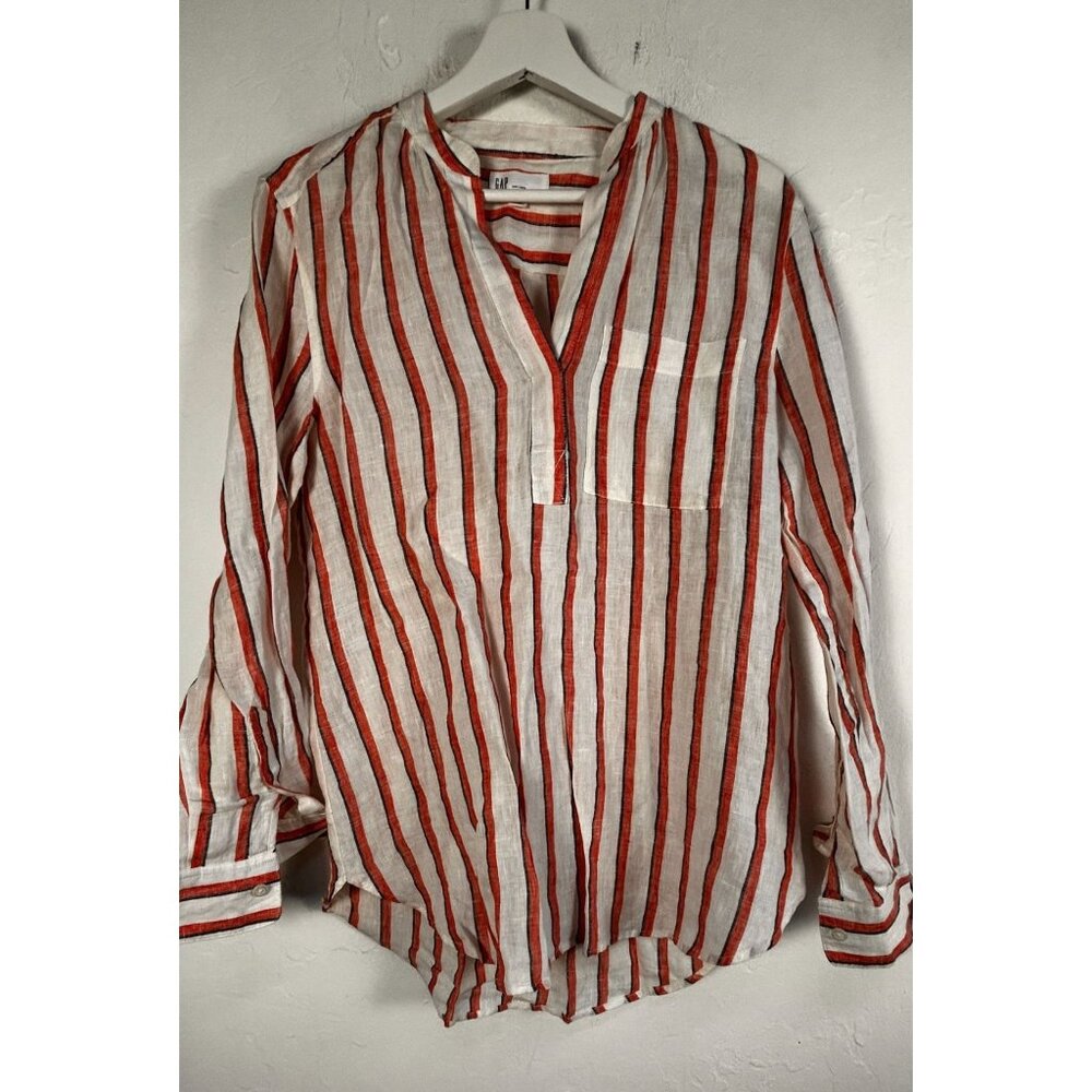 Gap Womens 100% Linen Striped Long Sleeve Blouse Top Small Red & White NWOT
